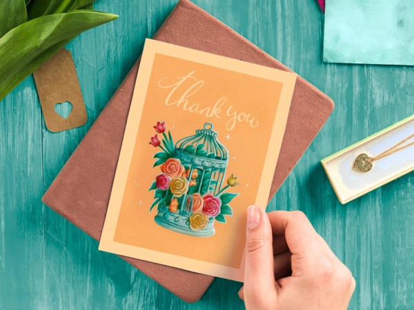 Thank you bloemen antieke vogelkooi potlood ansicht 148x105 mm (5.8x4.1 inch)