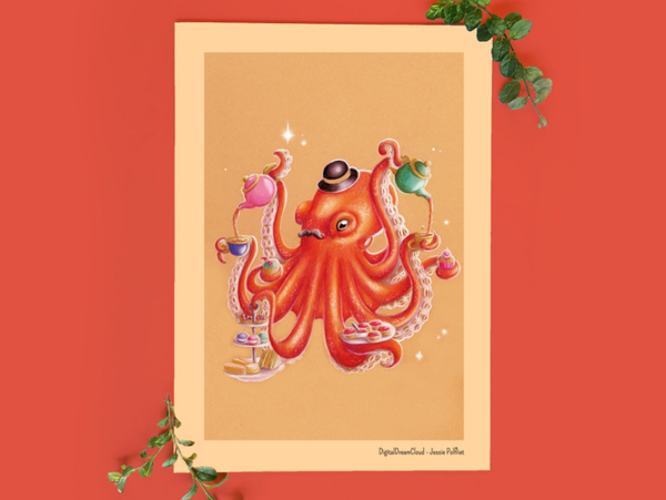Octopus high tea, art print, 14,8x21 cm(5.8x8.2 inch)
