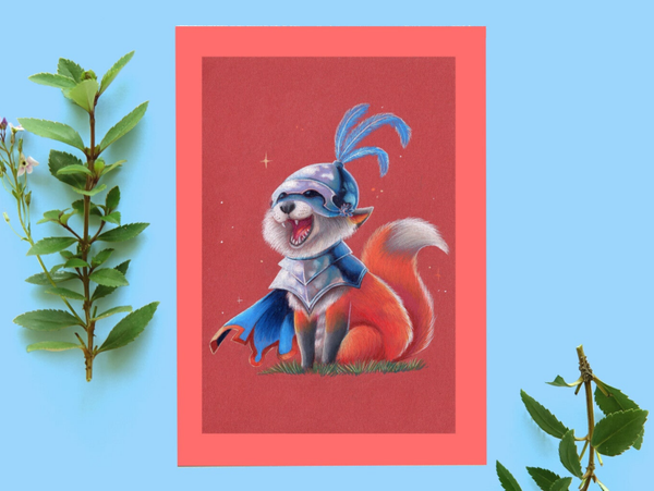 Foxy knight, ansichtkaart, handgetekend potlood, 148x105 mm (5.8x4.1 inch)