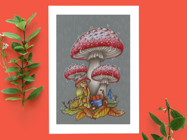 Paddestoelen camping in de regen ansicht kaart 148x105 mm (5.8x4.1 inch)