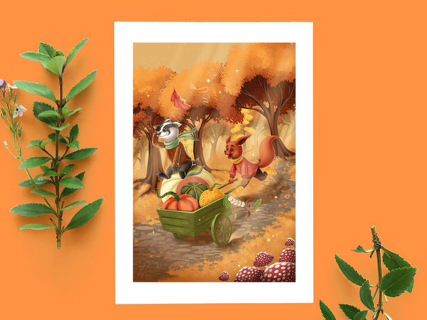 Rolling pumpkins, ansichtkaart, handgetekend potlood, 148x105 mm (5.8x4.1 inch)