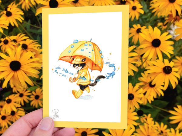 Fishes in the rain kat met paraplu ansicht kaart A6  148x105 mm (5.8x4.1 inch)