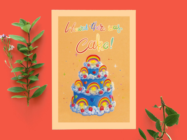 Verjaardags taart I heard there was cake potlood ansicht kaart 148x105 mm (5.8x4.1 inch)