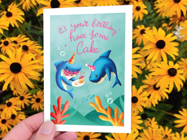 It's your birthday, have some cake haaien ansichtkaart A6 148x105 mm (5.8x4.1 inch)