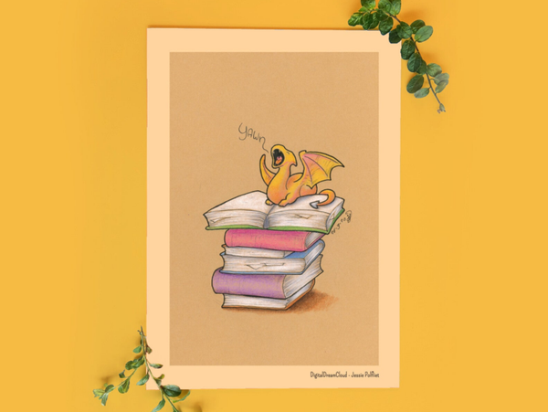 Book dragon, art print, 14,8x21 cm(5.8x8.2 inch)