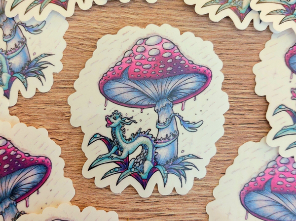 Paarse paddestoel draak sticker Transparant / Glanzend 7.4x8 cm