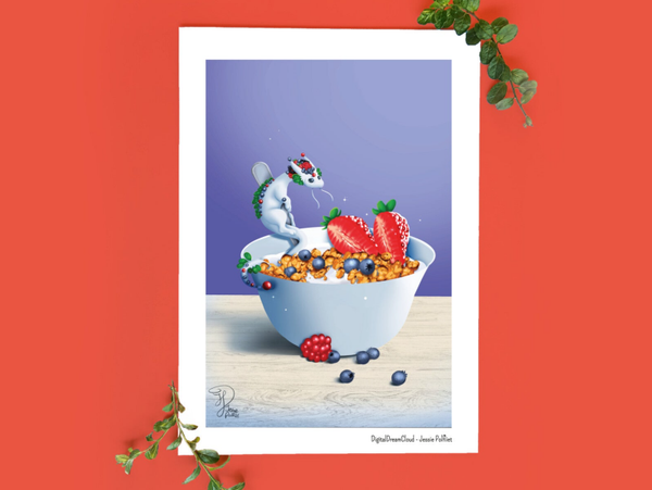 Healthy breakfast dragon art print, 14,8x21 cm (8.2x5.8 inch)