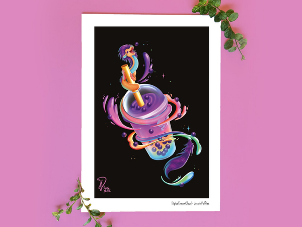 Bubble tea dragon art print 14,8x21 cm(5.8x8.2 inch)