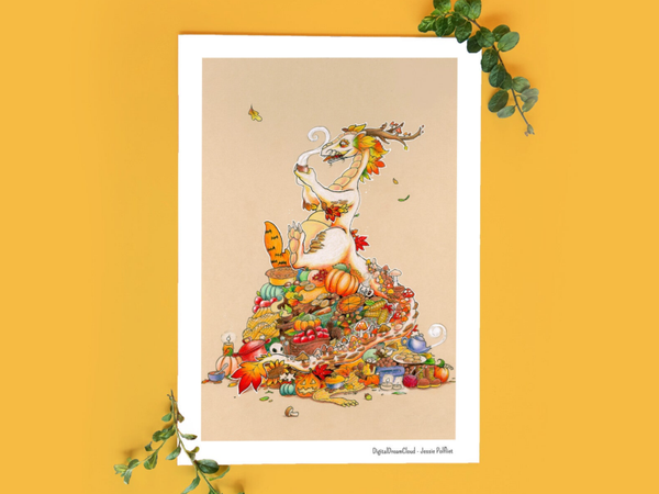 Autumn hoard dragon potlood tekening art print 14,8x21 cm (8.2x5.8 inch)