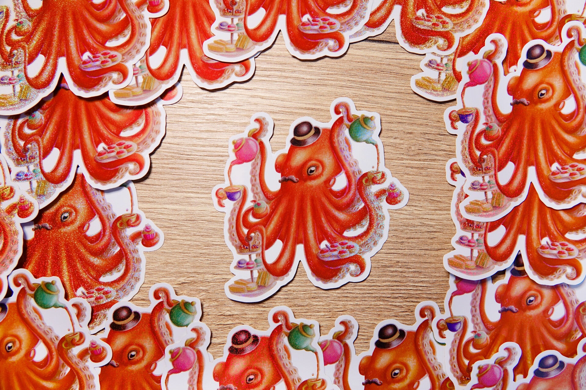 Octopus high tea potlood sticker met glittereffect. 9.5x9.3 cm