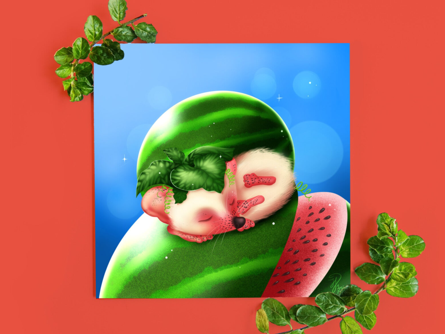 Watermelonhog egelkaart 135x135mm gevouwen.