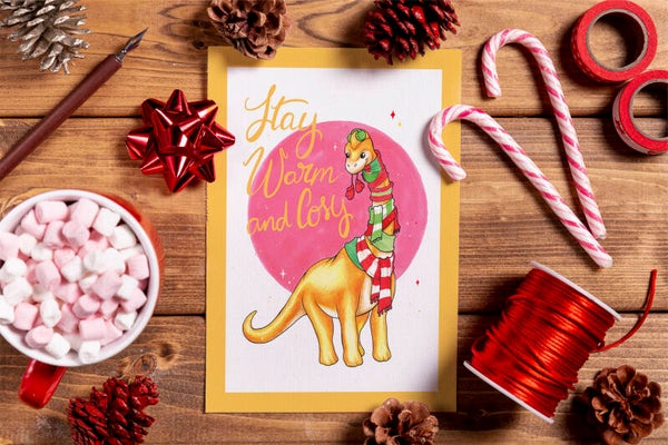 Stay warm and cosy dino kerst kaart