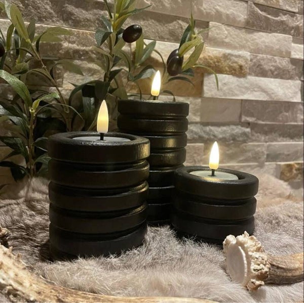 Houten waxinelicht houder rond set van 3 (9cm, 15cm, 21cm)