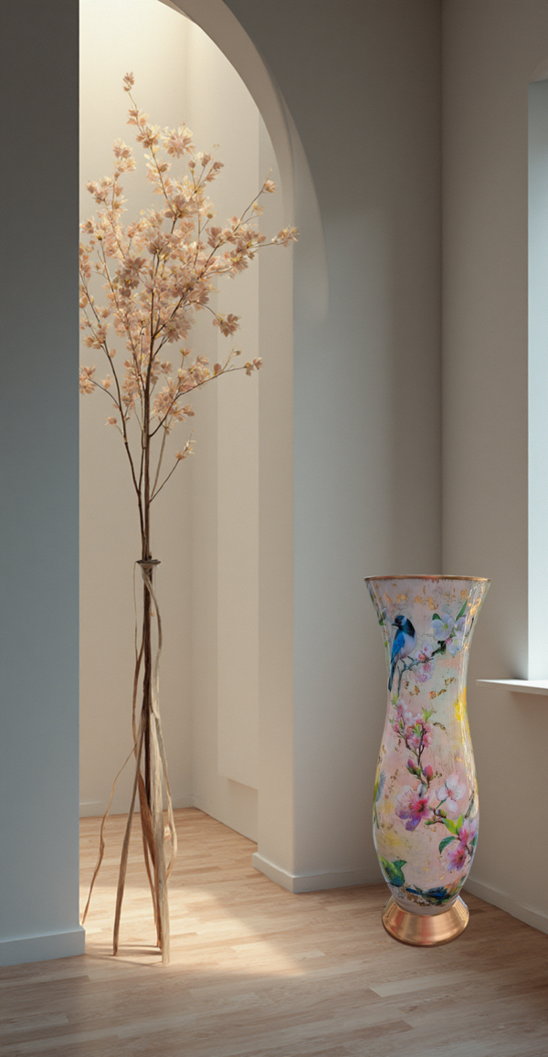 Handgemaakte XL Decoupage Vaas (60cm) met Bloesem en Vogels | Exclusief Kunstwerk van José