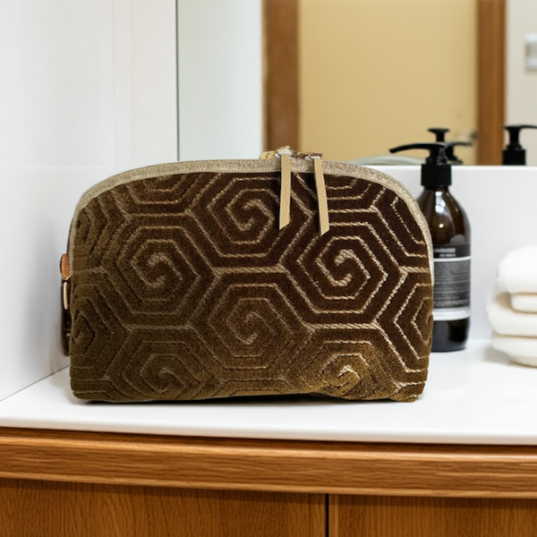 Luxe handgemaakte toilettas van meubelstof en leer- Jennyz