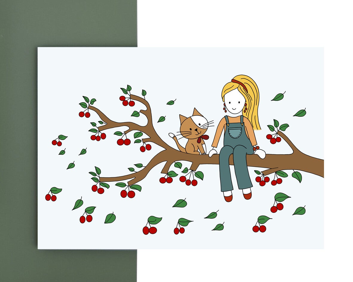 wenskaart - meisje in de kersenboom