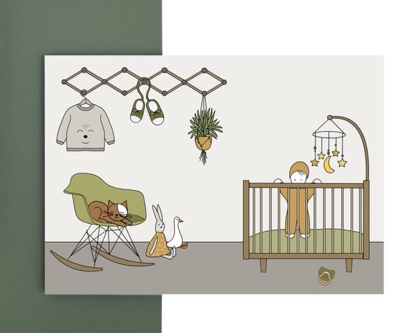 wenskaart - baby recht in de wieg