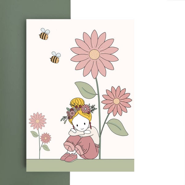 wenskaart - meisje dromend bij de bloemen