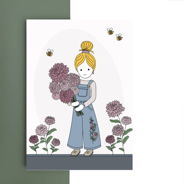 wenskaart - dahlia meisje blauw