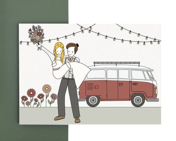 wenskaart - trouwen bij het vw-busje
