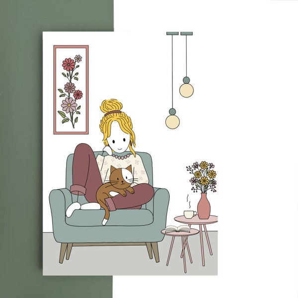 wenskaart - vrouw met poes op de schoot