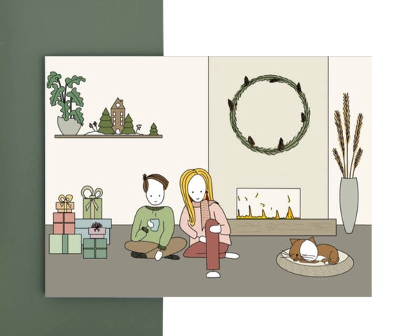 kerstkaart - voor het haardvuur