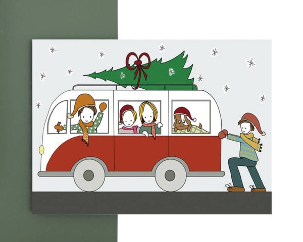 kerstkaart - busje duwen