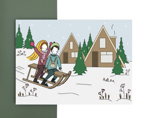kerstkaart - samen op de slee