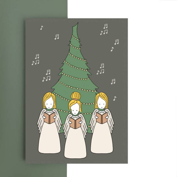 kerstkaart - zingen bij de kerstboom