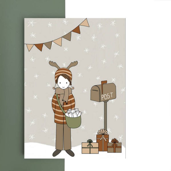 kerstkaart - kerstjongen met post