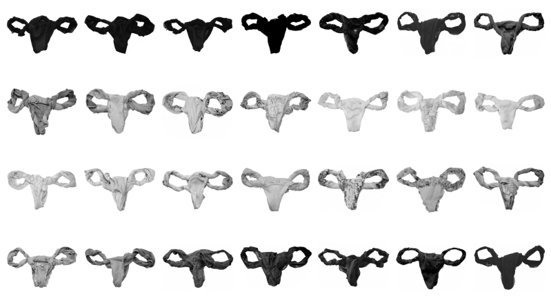 Art arrangement of women's underwear shaped like female reproductive system