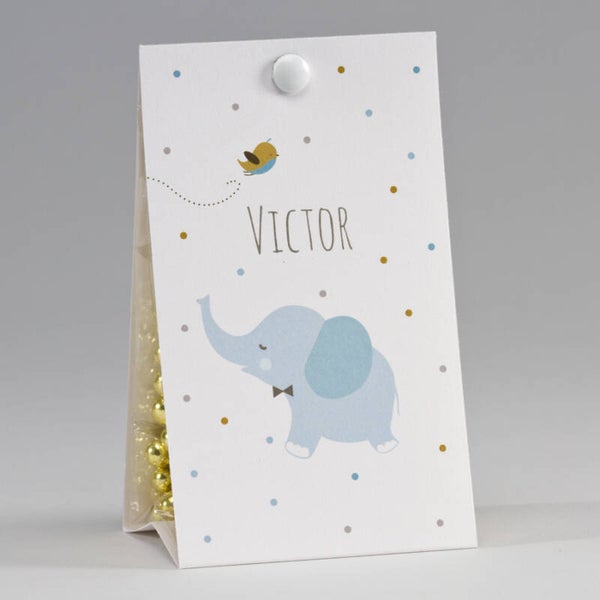 Snoepzakwikkel met blauw olifantje en kleurrijke stippen (747.132)