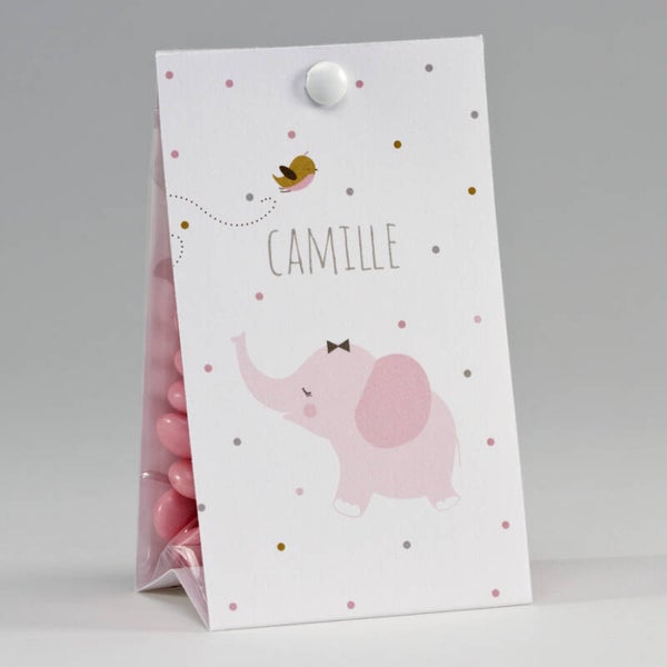 Snoepzakwikkel met roze olifantje en kleurrijke stipjes (747.133)