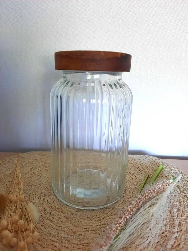 Glazen voorraadpot met houten deksel bladmotief petrol - goud