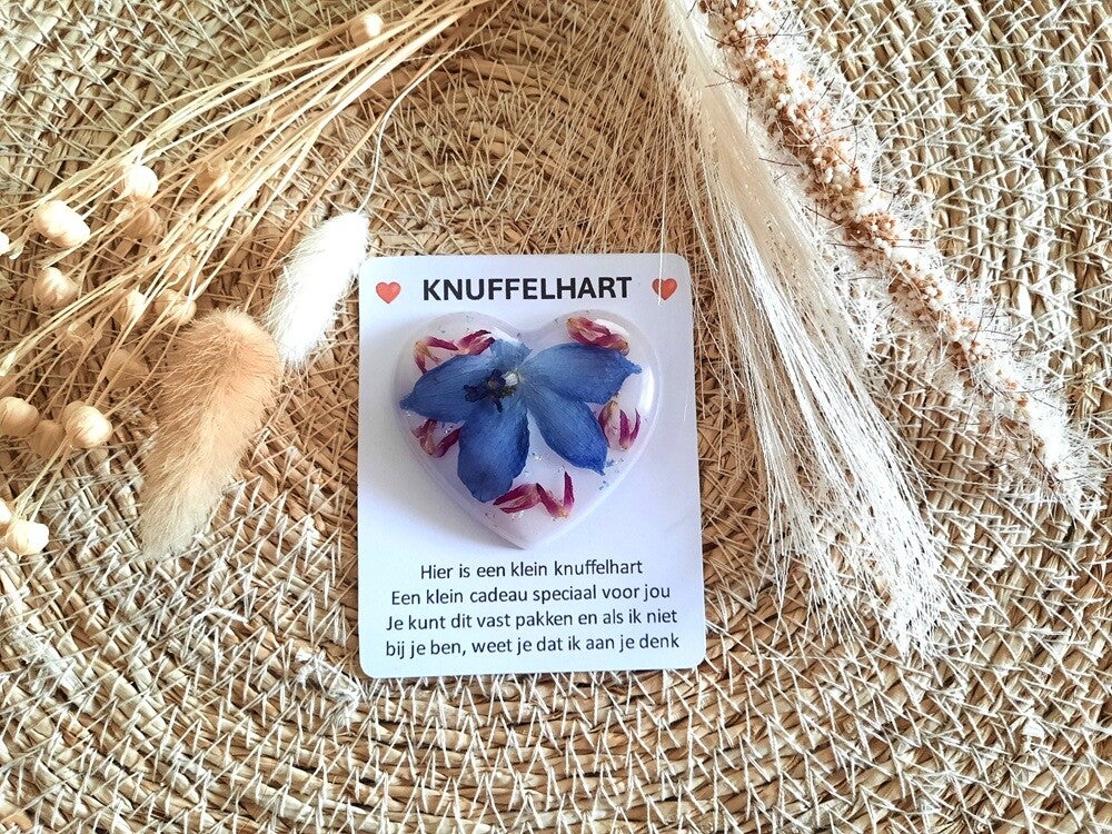 knuffelhartje van epoxy met droogbloemen in de kleuren roze en blauw met een wittte achtergrond