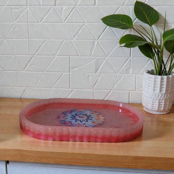 Epoxy Plateau met Mandala – Roze met wit marmerpatroon