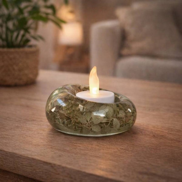 Epoxy waxinelichthouder ovaal - groene droogbloemen