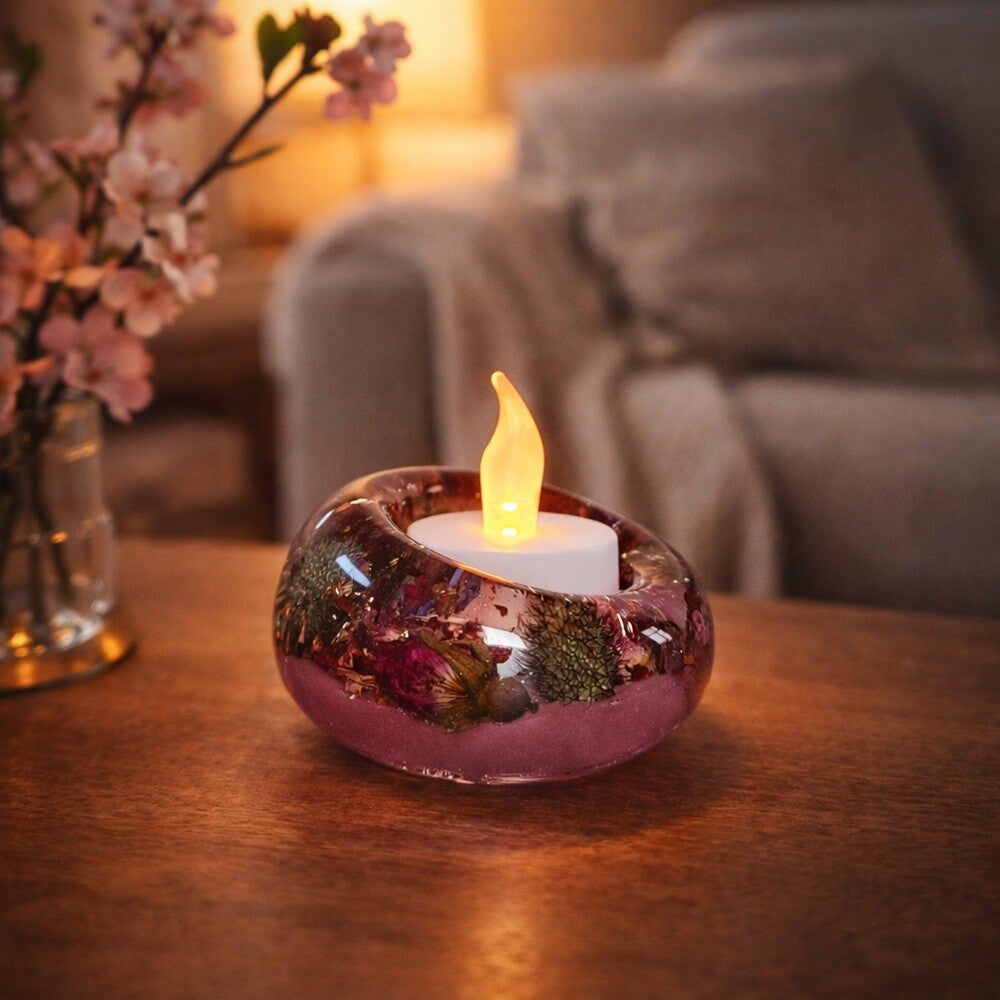 Epoxy waxinelichthouder rond - fuchsia en groene droogbloemen