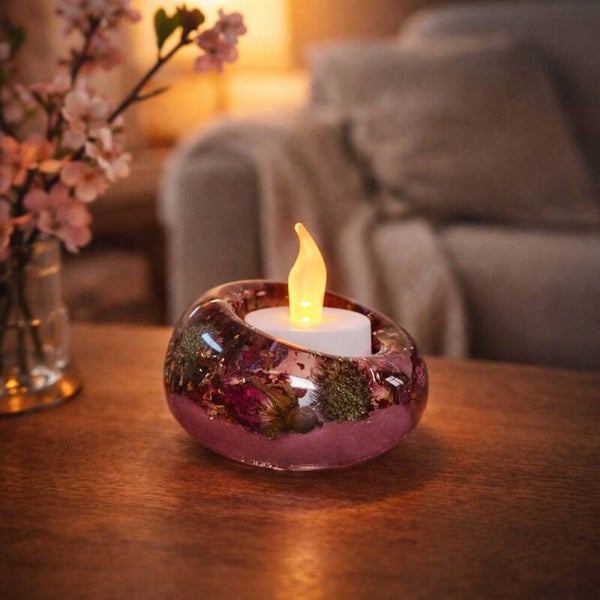 Epoxy waxinelichthouder rond - fuchsia en groene droogbloemen