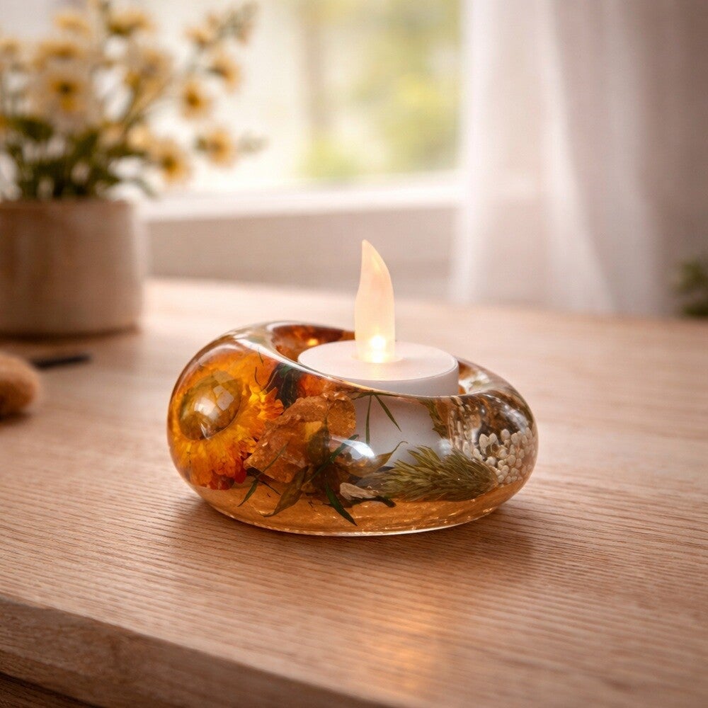 Epoxy waxinelichthouder ovaal - gele en rode droogbloemen