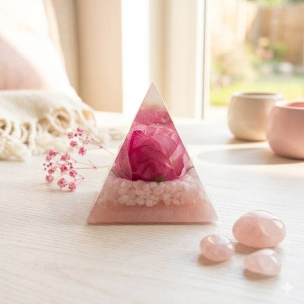 Epoxy Piramide met Kunstbloem en Roze Steentjes