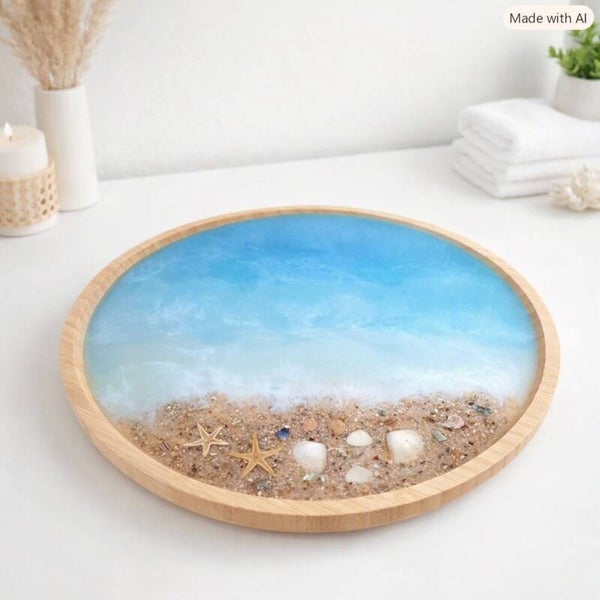 Bamboe plateau met epoxy in oceaanthema met strand en schelpen
