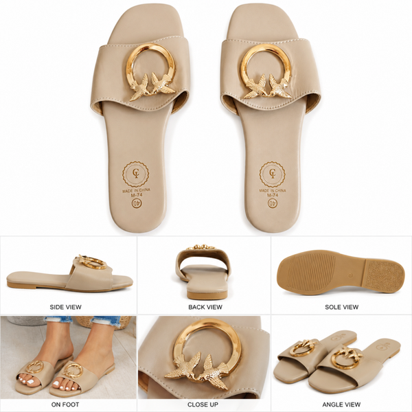 Women's Beige Slip-On Flat Sandals with Gold Buckle