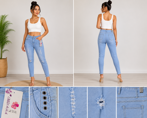Women's High Waist Skinny Distressed Stretch Jeans, Dark Blue light,  S/M ,L/M