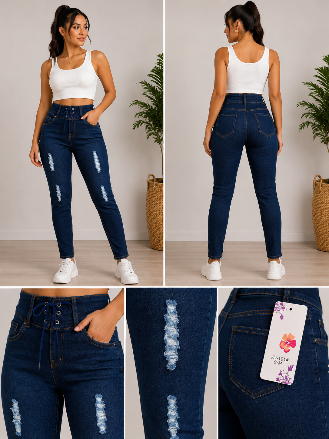 Women's High Waist Skinny Distressed Stretch Jeans, Dark Blue light,  S/M ,L/M