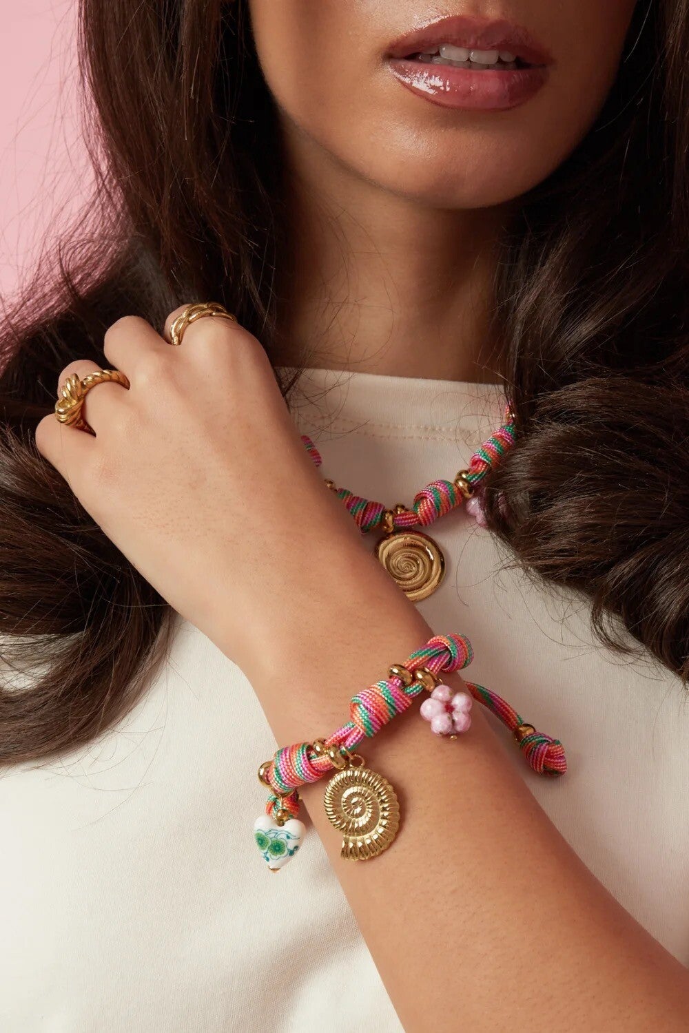 Bracelet corde multicolore rose