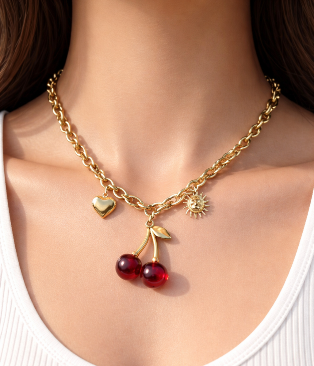 Collier Breloques cerise - Doré