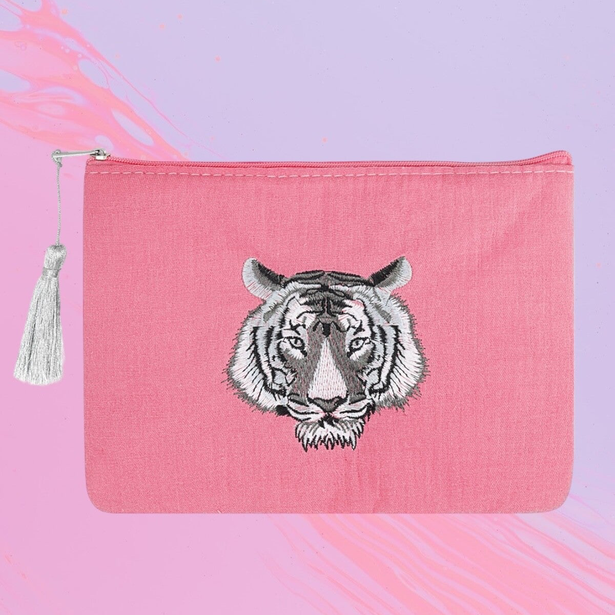 Pochette de maquillage avec tête de tigre - rose