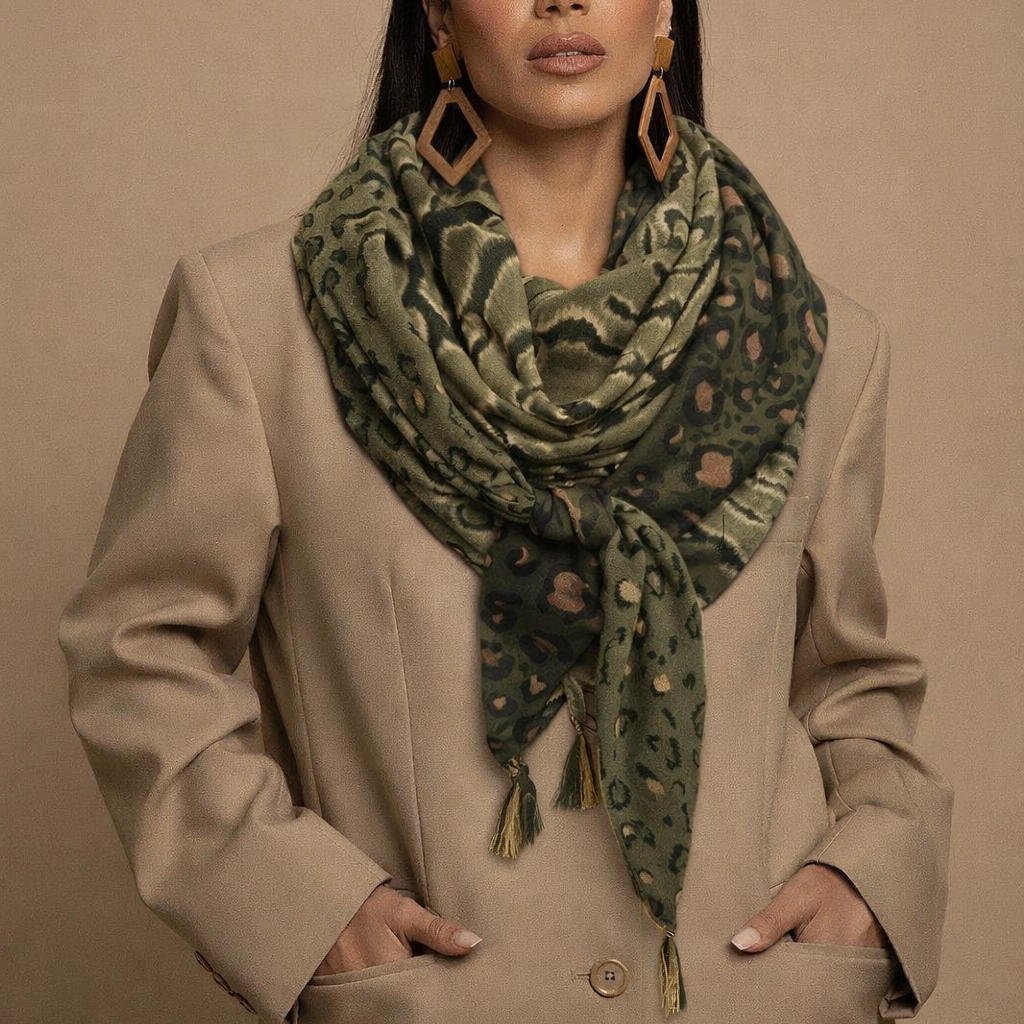 Foulard grand carré à pompon - kaki