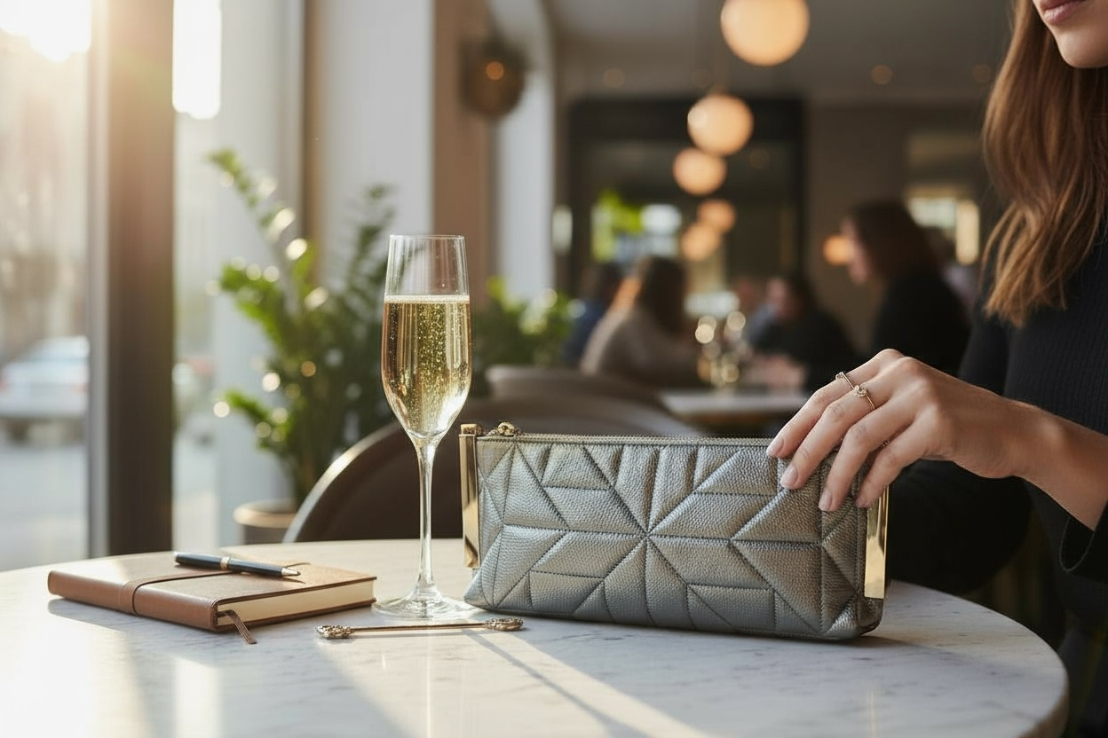 Pochette cousue avec accessoires dorés - Gris métallique